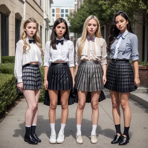 A group of three girls, three teen girls, hanging out in a courtyard, high school uniforms, (all girls have the same uniform: 1.8), (one girl has blonde hair & another has black hair: 1.1), gray , (pleated skirt: 2), (gray skirt: 1.3), (white blouse: 1.25)...