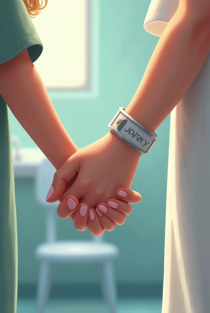 Disney Pixar style drawing of two hands holding each other very tightly. One of them has a hospital bracelet on her wrist., and the environment is also hospital-like. White skin hands