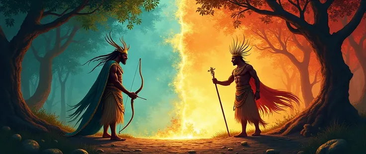  On one side Oxóssi providing abundance, on the other side Exu guiding their paths., in the background of the image there is a forest on one side and hell on the other side 