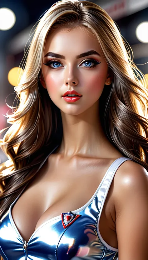 cool beauty race queens, teen look, striking beautiful eyes, glossy silky hair, make-up, amorous and lewd expression, perfect proportions, wearing race queen uniforms, delicate and dynamic textures, contrasts of light and shadow, 2.5D, digital graphic CG, ...