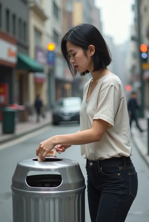 A woman throws an garbage in bin