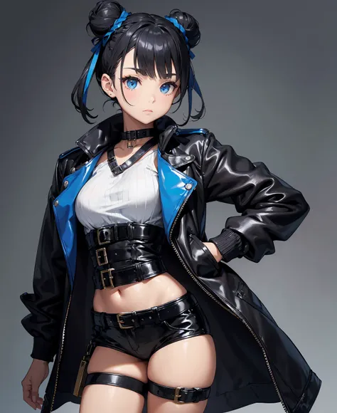 Double bun hairstyle with hair accessories, Black and blue costume, Leather jacket, Belt with buckle, Standing pose, I&#39;m looking forward to it, Fair skin, Indoor white background, Central lighting, Stylish and edgy, Front View, Mid Shot, Well exposed, ...