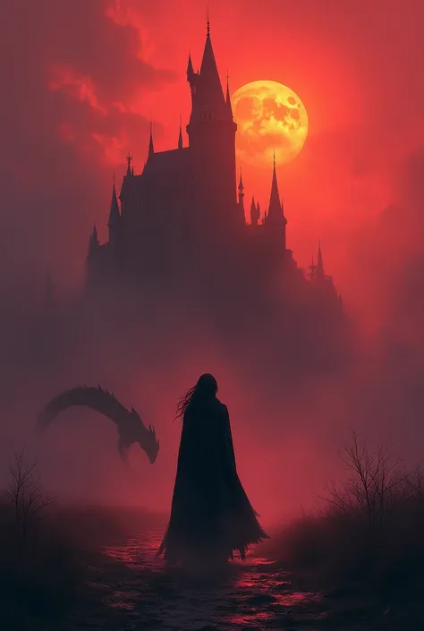 Photo Digital painting with gothic style and dark and moody atmosphere. In the background, there is a large, menacing castle with pointed towers, partially obscured by swirling clouds and fog. The layout features the silhouette of Astronalta walking on the...