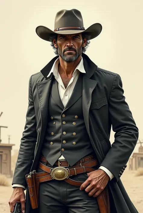 A gunfighter from the old west, dressed in fine clothes, with hand drawn pencil style, with basic colors ranging from black, white and brown 