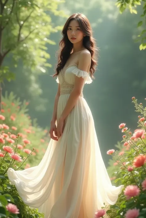 a young woman standing gracefully in a flowing silk white dress. The dress glimmers in the soft sunlight, with delicate details and a flowing silhouette. The background is a serene garden with soft greenery and blooming flowers, enhancing the ethereal feel...