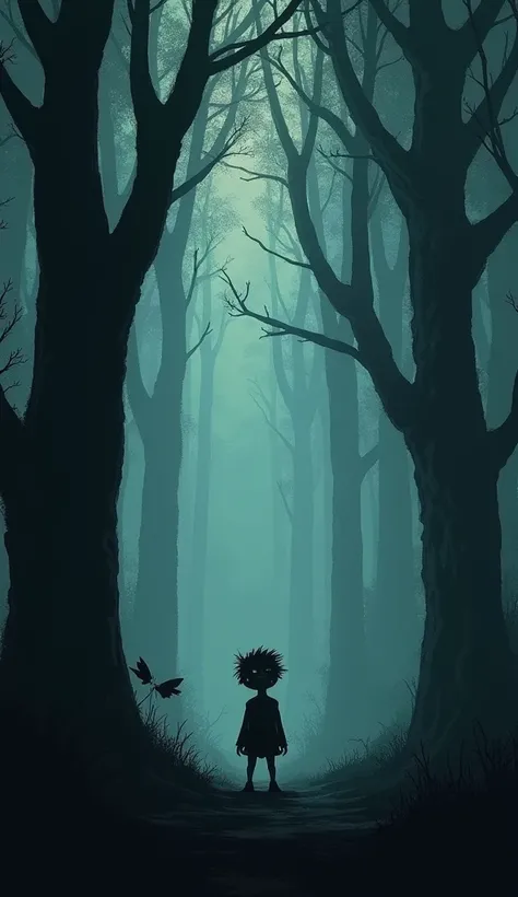 "Tiny is alone in a darkening forest, looking scared and confused. Tall trees with dark shadows surround him, making him feel small and lost."