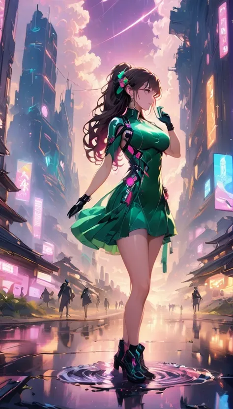 long wavy hair, Brown hair, 1 girl, emerald eyes, waving with two fingers,High quality detailed fingers, seductive pink lips, fitted emerald green dress, student miniskirt ,,detailed and complete body ancestral landscape, Sci-Fi Cyberpunk Masterpiece, Very...