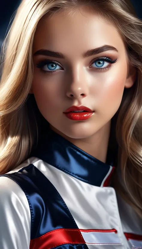 cool beauty race queens, teen look, striking beautiful eyes, glossy silky hair, make-up, amorous and lewd expression, perfect proportions, wearing race queen uniforms, delicate and dynamic textures, contrasts of light and shadow, 2.5D, digital graphic CG, ...