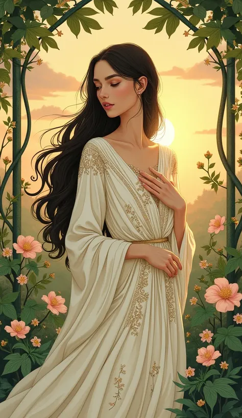 A graceful woman with long, flowing hair in the Art Nouveau style. She is posed against a backdrop of intertwining vines and blooming flowers, with gentle curves that complement her silhouette. Her long loose modest abaya is adorned with delicate, swirling...