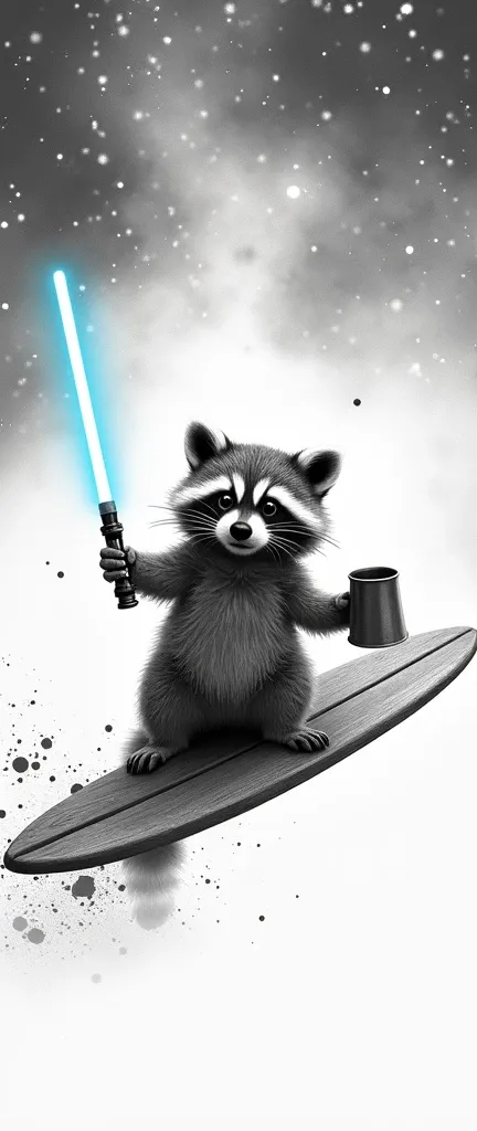 A minimalist black and white photo of a fluffy baby raccoon surfing the Milky Way, holding a coffee pot in one hand and a blue Star Wars light-saber in the other hand. The raccoon is sitting on a wooden surfboard. The background contains stars and galaxies...