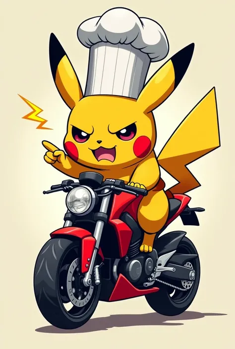 I need a Pikachu with an angry face wearing a chef&#39;s hat and one hand pointing down doing a biker salute and the other hand riding a red and black sports bike.