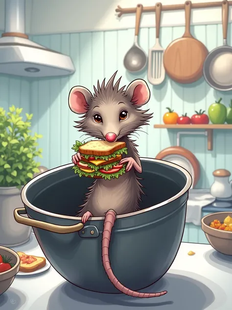 a thin male cartoon possum with hair covering his eyes, sitting in a cooking pot in a kitchen, holding a sandwich, detailed food elements