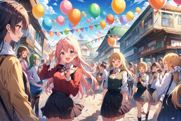 score_9, score_8_up, score_7_up, source_anime,masterpiece, best quality, high resolution, extremely detailed CG, absurdres, multiple girls, school girls taking photo in festivals of school, balloons flying in the blue sky and a school building, events, boo...