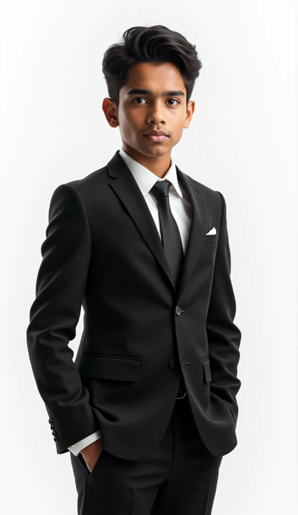 A boy in suit handsome and looking hard working and Indian boy white background black suit