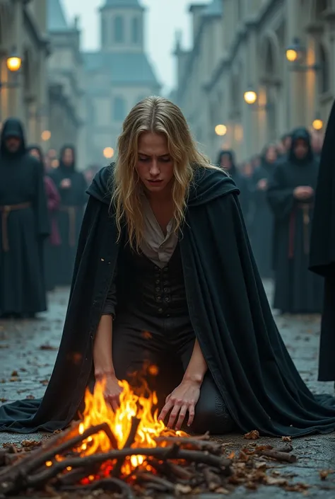 Young vampire in long cape, big long hair, blonde, blue eyes, crying on his knees as he saw his beloved wife being burned in a public square by religious people.