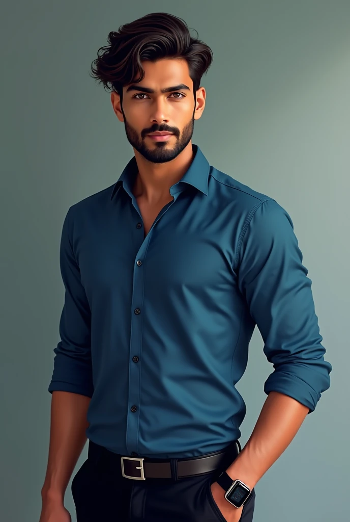 A tall fair handsome guy , has beard, has cut on his left eyebrow , has more fluffy silky hair  , hair till below ears and more fluffy , add intensity in eyes, add cuteness more and have mesmerizing eyes , and a bit fair has chiseled face,wearing a blue sh...