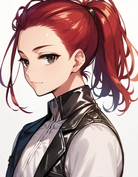 score_9, score_8_up, score_7_up, masterpiece, ultra-detailed,  pretty eyes, 1man, solo, flat chest, large pectorals muscle, small arms muscle, red hair, Medium hair, slicked back hair, ponytail, half closed eyes, Black Eyes, Black leather jacket, Inner T s...