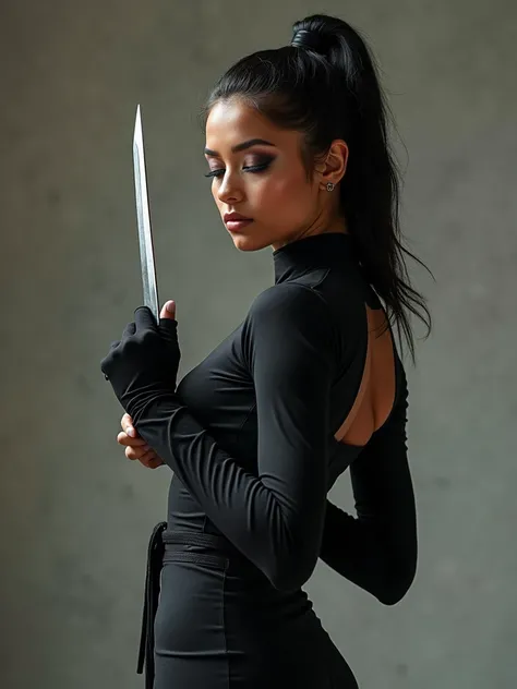 A high-quality photograph of a seductively fierce ninja woman. She has her eyes closed and is holding a shuriken with precision. She is wearing a form-fitting outfit that accentuates her curves. Her flawless makeup enhances her features, adding to the allu...