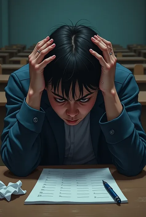 In the exam hall, the pen is on the paper, the  is very tensed with his hands on his head, the  is sweating a lot, sweat is falling from his forehead.