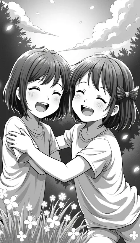 Monochrome manga art style capturing the essence of happiness, portraying joyful expressions and carefree moments through delicately illustrated characters, radiant smiles illuminating their faces, eyes sparkling with delight, set against dynamic backgroun...