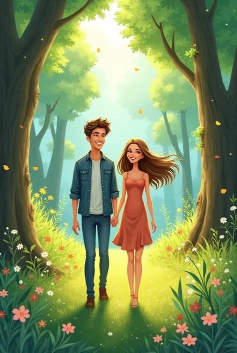 Drawing of a happy couple in the forest, green and flowering grass.