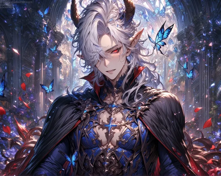 absurdres, highres, ultra detailed, HDR, master piece, best quality, extremely detailed, detailed eyes, detailed face, Krozerus, white hair, messy long hair, hair over the left eye, expressive red eyes, demon, horns, slightly pointed ears, Dream Of Legacy,...