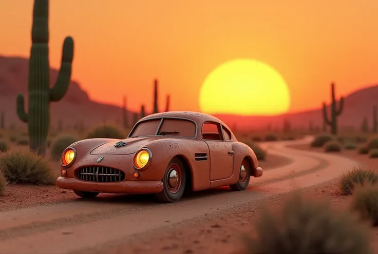 Clay-like, A car with a handmade feel, Desert road scene, Orange sunset