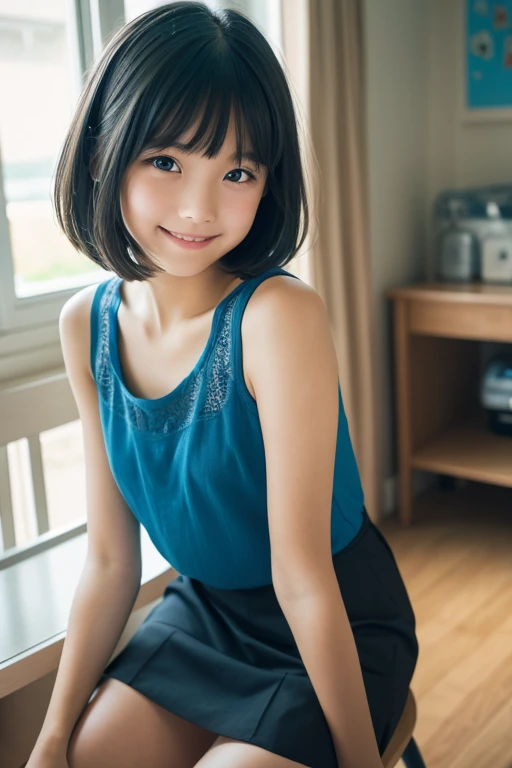 One Girl,summer,Inside the room,Sit on a chair,Black Hair,Short Hair,Dark blue tank top,skirt,smile,6th grade elementary school,Innocent,front,delicate,Look here,transparent, Soft Light,(masterpiece, Best Quality), Structure of the film, Like in the movies...