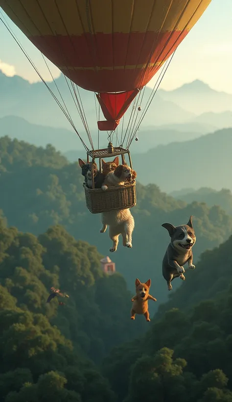 Tous les amis de lhomme tombent de la montgolfière dans une forêt dense, montrant leur chute désespérée.