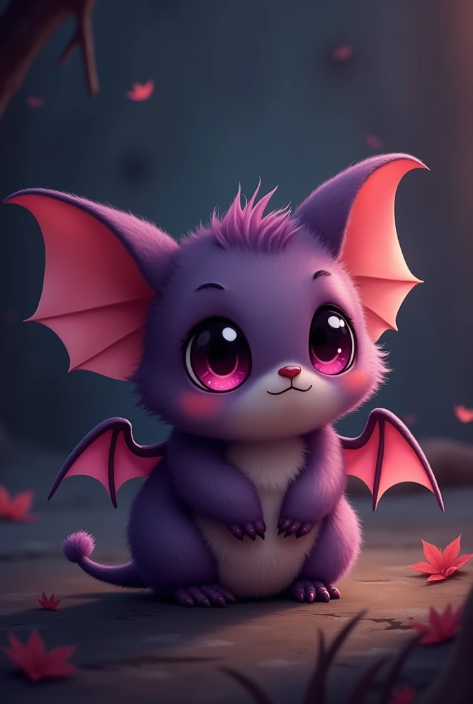 A cute little bat in a dark purple color with purple eyes like grape wine in the dark like an anime image.