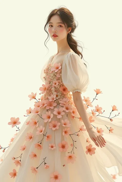 A graceful female figure with graceful curves, eyes looking at the camera wearing a dress made of flowers with balloon-style sleeves and a closed chest. She wears a beautiful bottom made of blooming flowers, capturing the fresh essence of early spring. The...