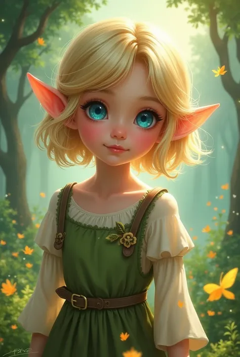 Young elf girl with short blonde pigtail hair and blue eyes