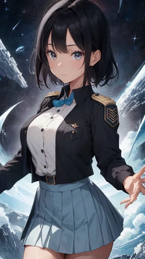 (Highest resolution clear_image), Best Quality, masterpiece, Very detailed, Semi-realistic, Woman with shoulder-length black hair, Dark Eyes, Mature, Mature woman, Royal sister, sexy, Short Hair, Triple Bang, Light blue uniform, Light blue uniform jacket, ...