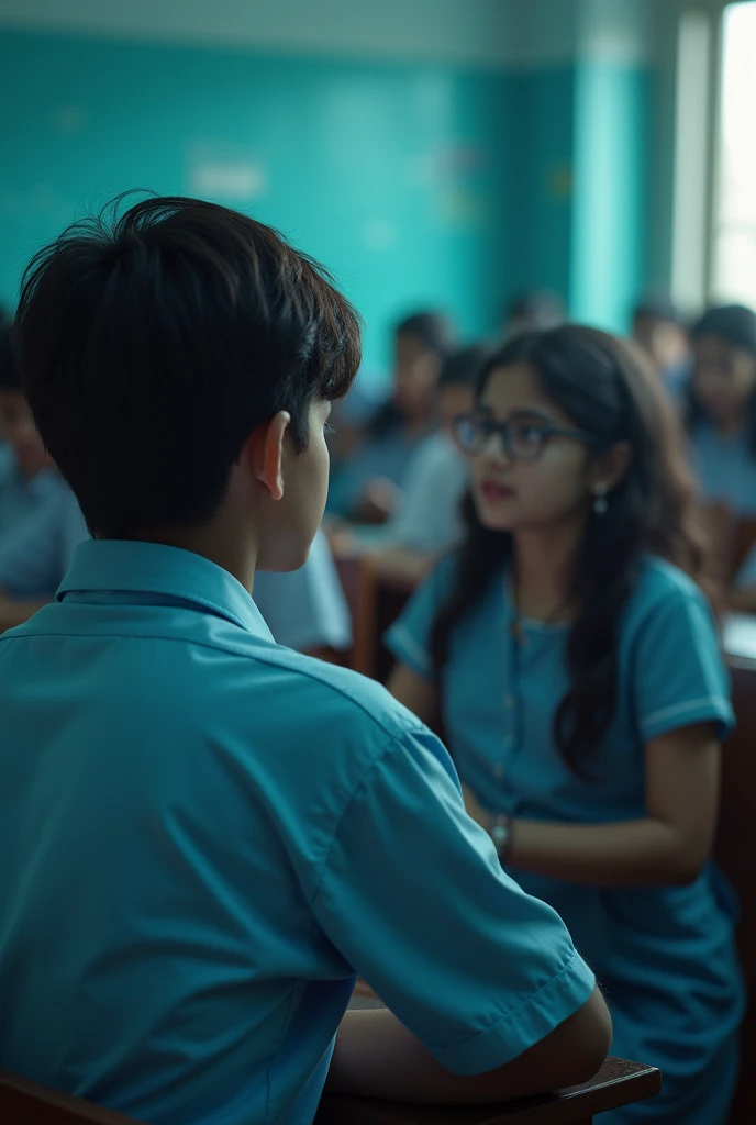 A Indian real boyA teenage boy and teenage girl ,  the boy who is sitting in the corner of the classroom watching the girl who is sitting in the first bench of the classroom while teacher is teaching the class the boy wearing light blue shirt and girl wear...