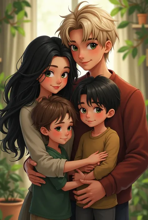 Family of four. Black-haired mother and green-eyed, light-haired father. Imagine the children, both boys.