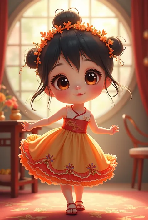 Chinese Asian traditional classical big-eyed cute girl，Her headdress is simple, playful and cute，A floral garland and slim pearl tassels were chosen.，Make her big eyes brighter。her hairstyle，It is dotted with small flowers, adding a bit of childlike intere...