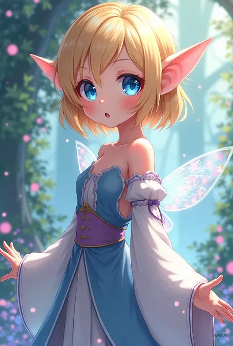 Young anime elf girl with short blonde hair in pigtail style and blue eyes IN ANIME STYLE