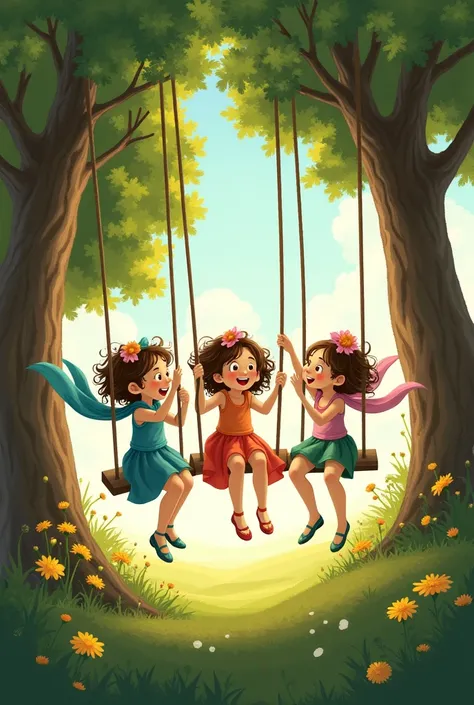 Girls on the Swing: A group of girls with colorful scarves and carnations in their hair, laughing and playing tambourines while swinging between two trees.