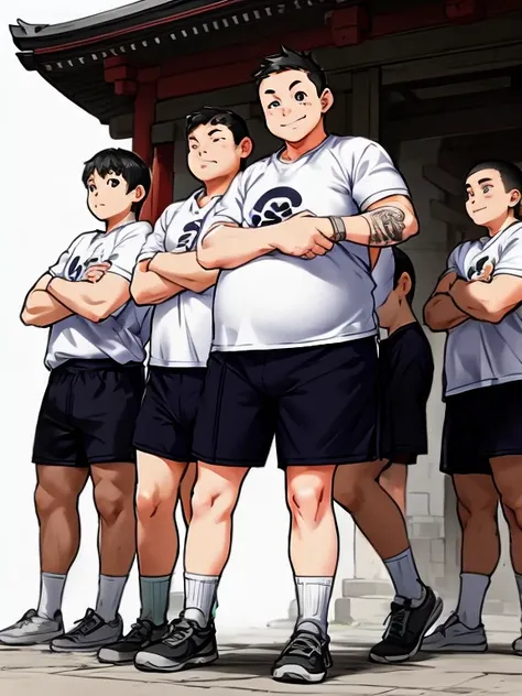 A group of fat, ugly, shaved-headed fifth-grade boys in gym clothes are standing smiling in the square in front of the shrine.。