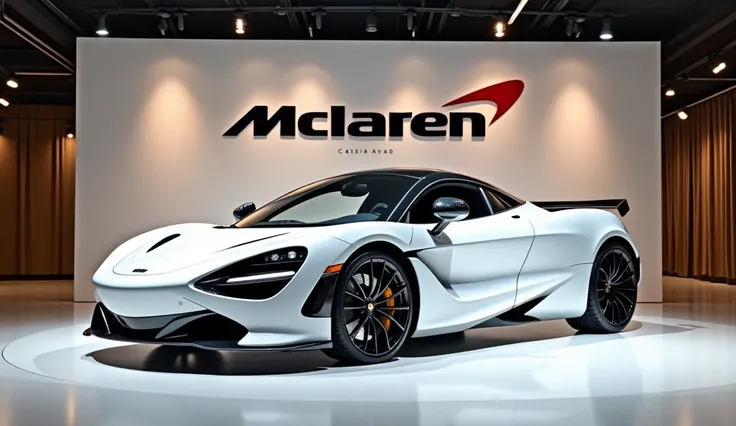 Give me a competative image of ( McLaren 750S ) ( White ) in showroom and the car name ( McLaren ) should be write on the showroom Wall with beautiful colour and style 