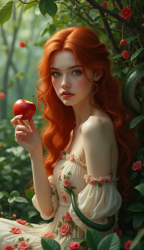 redhead woman with long hair holding a bitten apple around her a snake in the background a garden with a leafy tree realistic image she is wearing transparent flowery clothes leaves on the dress