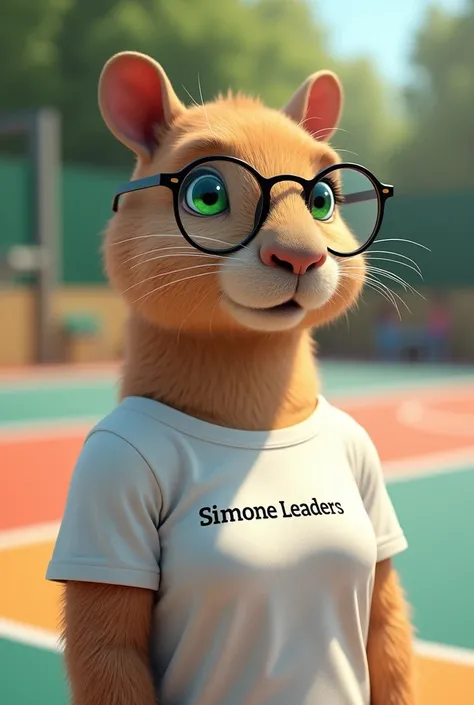 A female capybara with beautiful green eyes, prescription glasses, wears a white T-shirt, written exactly the sentence: Simone leaders.
She is on a children&#39;s sports court.
She is a beautiful delicate capybara.