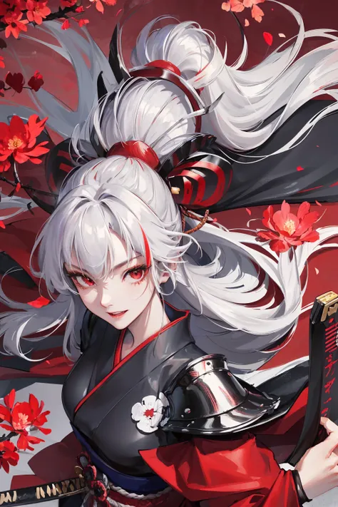 Official art, ​masterpiece, Sharp Focus, ((Japanese girl with red Japanese style armor holding samurai sword)), Solo, Delicate Beautiful Hair and Eyes and Face, Realistic, Ultra-detailed, Dynamic Angle, Dramatic Lighting, From below, Night, An ancient Japa...