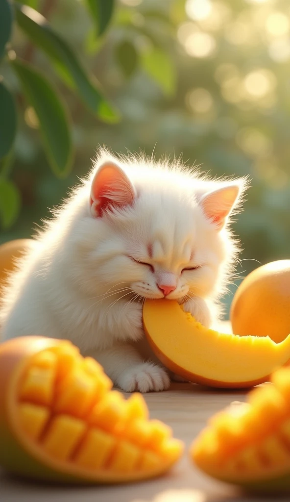 A white realistic floppy cat eating mangoes and mother watching from behind