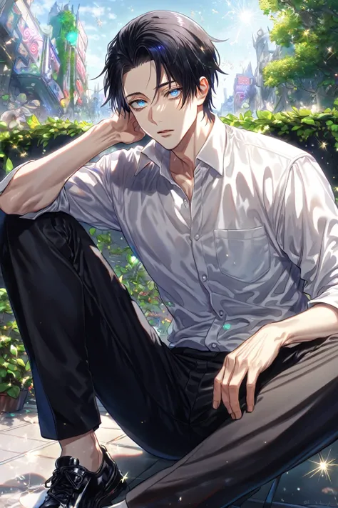 absurdres, highres, ultra detailed, HDR, master piece, Okkotsu Yuuta, black hair, expressive dark blue eyes, white shirt, black pants, sexy man sitting, best quality, Jujutsu Kaisen, solo, fantasy, magical, sensual, glittering, green leaves, handsome, glit...