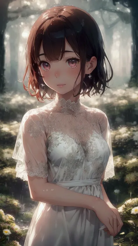 Cute woman in the drizzle, (elegant, Beautiful Face), Transparent white dress, Forest Moss, (Freckles:0.8), Flower Field, , Curly Red Hair, Magical atmosphere, (Short Hair), ((Detailed skin, Skin Texture)), Ultra-detailed, (Exquisitely crafted, Delicate de...