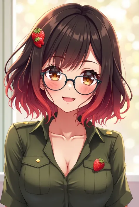 Anime girl with medium-short dark brown hair with bright red locks and glasses, a low-cut military green shirt smiling with dark brown eyes, a strawberry brooch on the head 