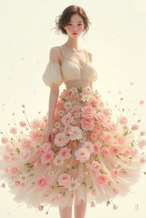 A graceful female figure with graceful curves, eyes looking at the camera wearing a dress made of flowers with balloon-style sleeves and a closed chest. She wears a beautiful bottom made of blooming flowers, capturing the fresh essence of early spring. The...