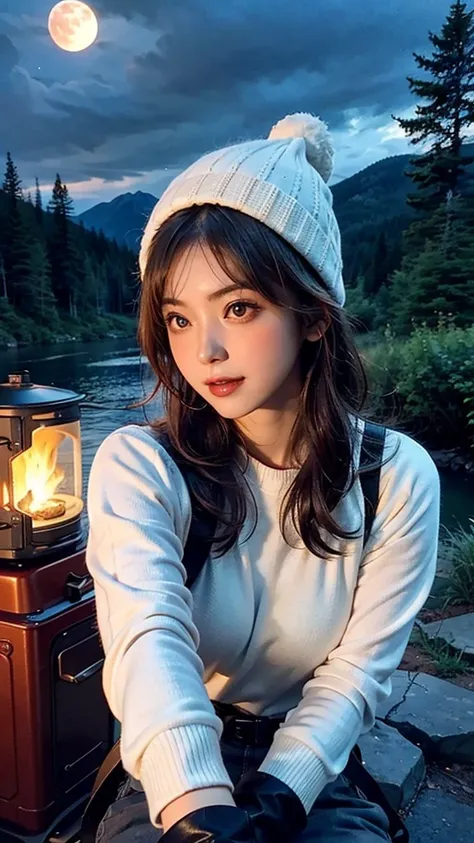 1 woman((upper body selfie, happy)), masterpiece, best quality, ultra-detailed, solo, outdoors, (night), mountains, nature, (stars, moon) cheerful, happy, backpack, sleeping bag, camping stove, water bottle, mountain boots, gloves, sweater, hat, flashlight...