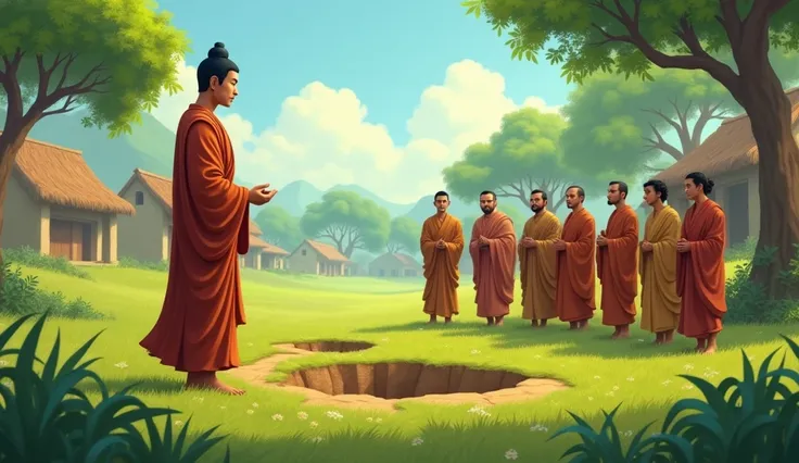 An ancient village scene with Gautama Buddha and a group of disciples. Buddha, in traditional robes, stands calmly in a lush, green field with a few shallow, modestly dug holes. The disciples, dressed in traditional attire, are gathered around Buddha. One ...